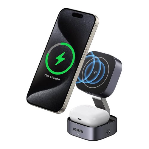 Ugreen W702 Qi 2-in-1 Vezeték Nélküli Töltő Iphone, AirPods, 15W (szürke)