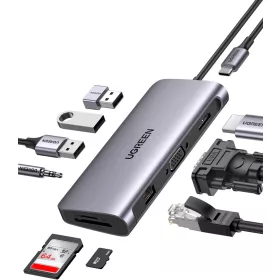   UGREEN 10-in-1 USB-C (Type-C) -3xUSB-A/ 4K HDMI/ VGA/ RJ45 Ethernet/ 3.5mm Jack/ TF SD Kártyaolvasó HUB [CM179]
