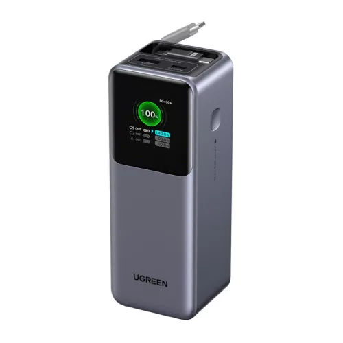 Ugreen PB726 20000mAh-s power bank USB + USB-C, 165W, beépített kábellel (szürke)
