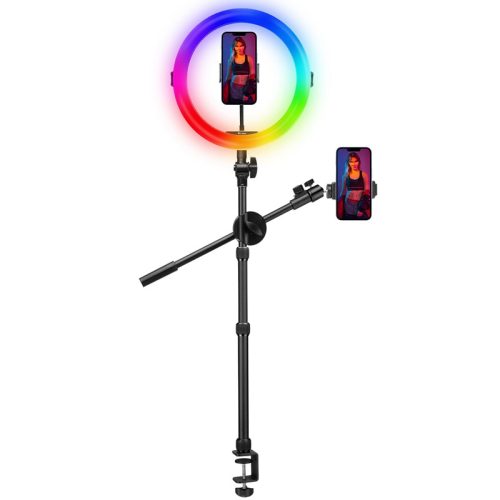Ulanzi K16 28cm RGB Színes LED Körfény körlámpa Ringlight + 30-82cm C-Clap Asztali Állvány, Dupla-Mobiltartó