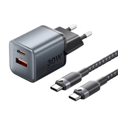 Vention 30W GaN USB-C És USB-A Gyorstöltő - 1m Kábellel (TZ-FEWH0-EU)