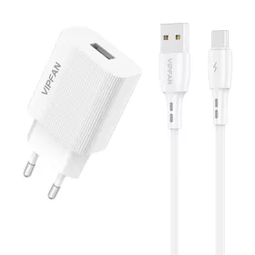   Vipfan USB Hálózati Töltő 2,4A + USB-C Kábel (Fehér) (E01S-TC)