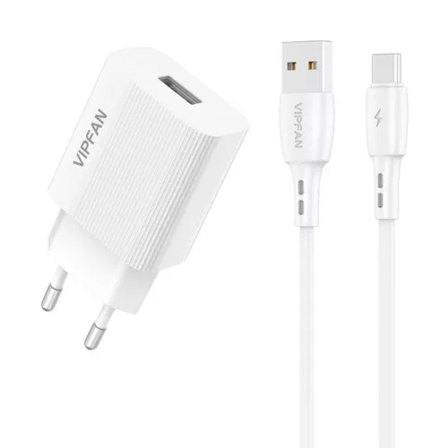 Vipfan USB Hálózati Töltő 2,4A + USB-C Kábel (Fehér) (E01S-TC)