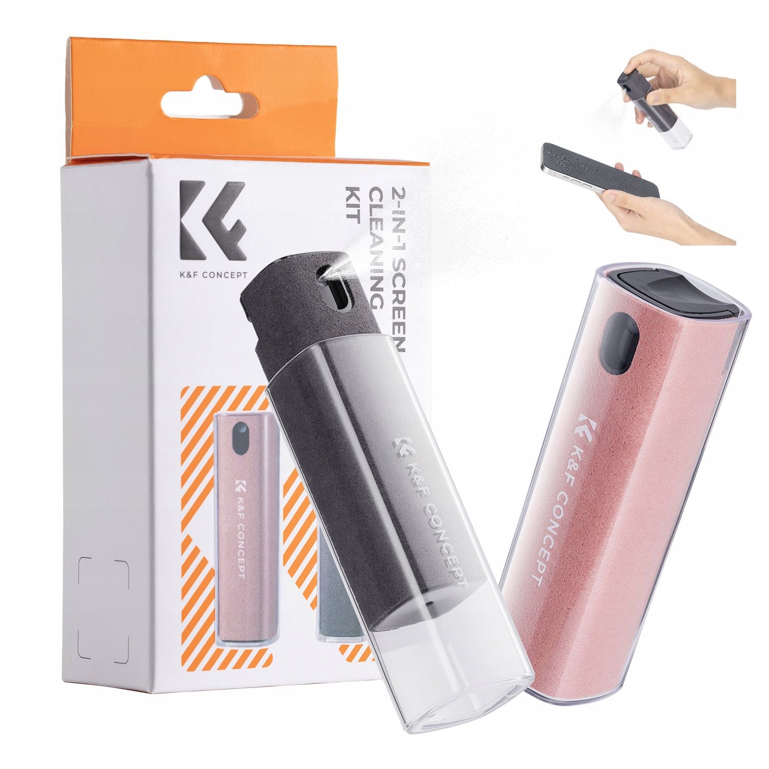 K&F Concept 2 az 1-ben kijelzőtisztító szett (2× 10 ml spray + mikroszálas kendő, fekete/rózsaszín)
