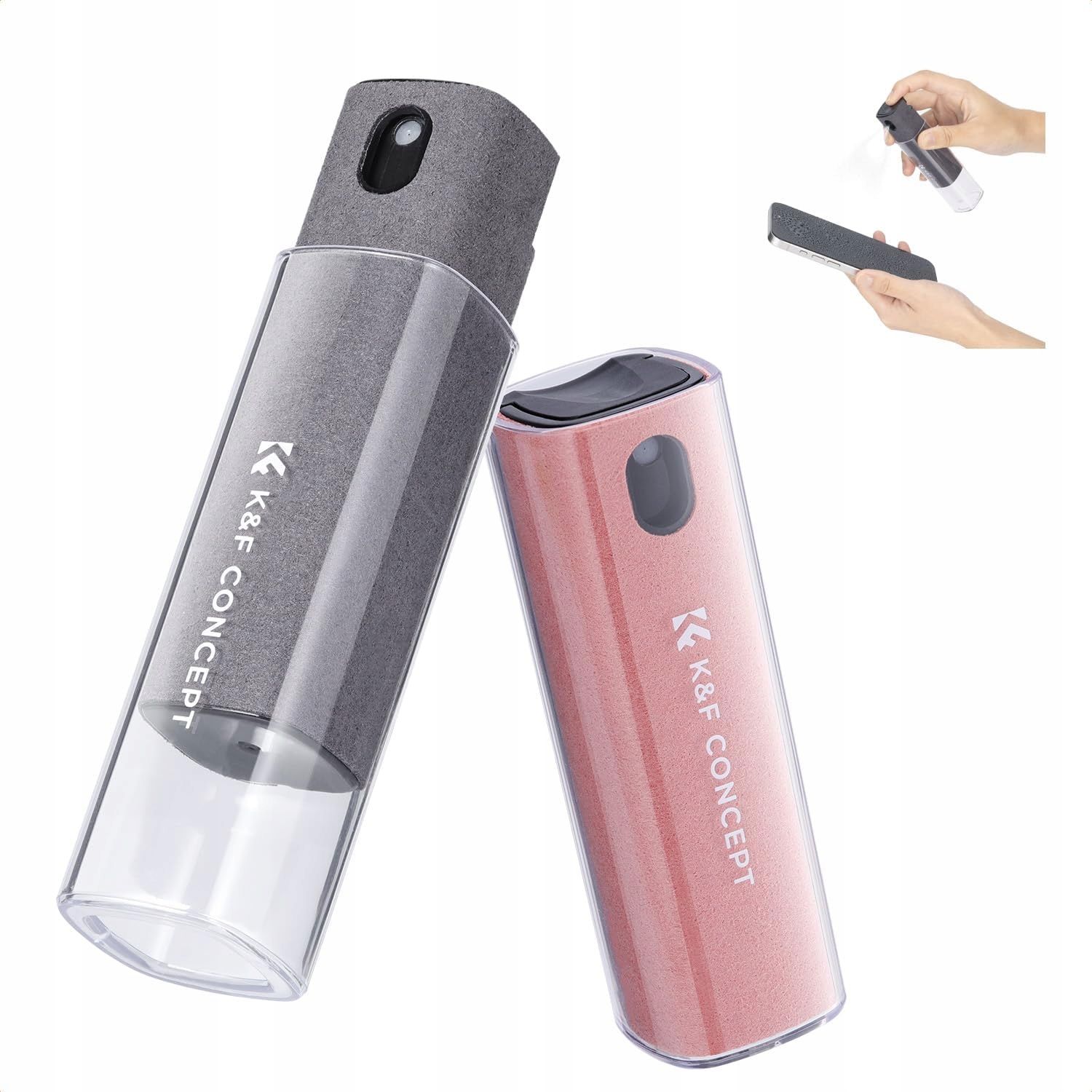 K&F Concept 2 az 1-ben kijelzőtisztító szett (2× 10 ml spray + mikroszálas kendő, fekete/rózsaszín)