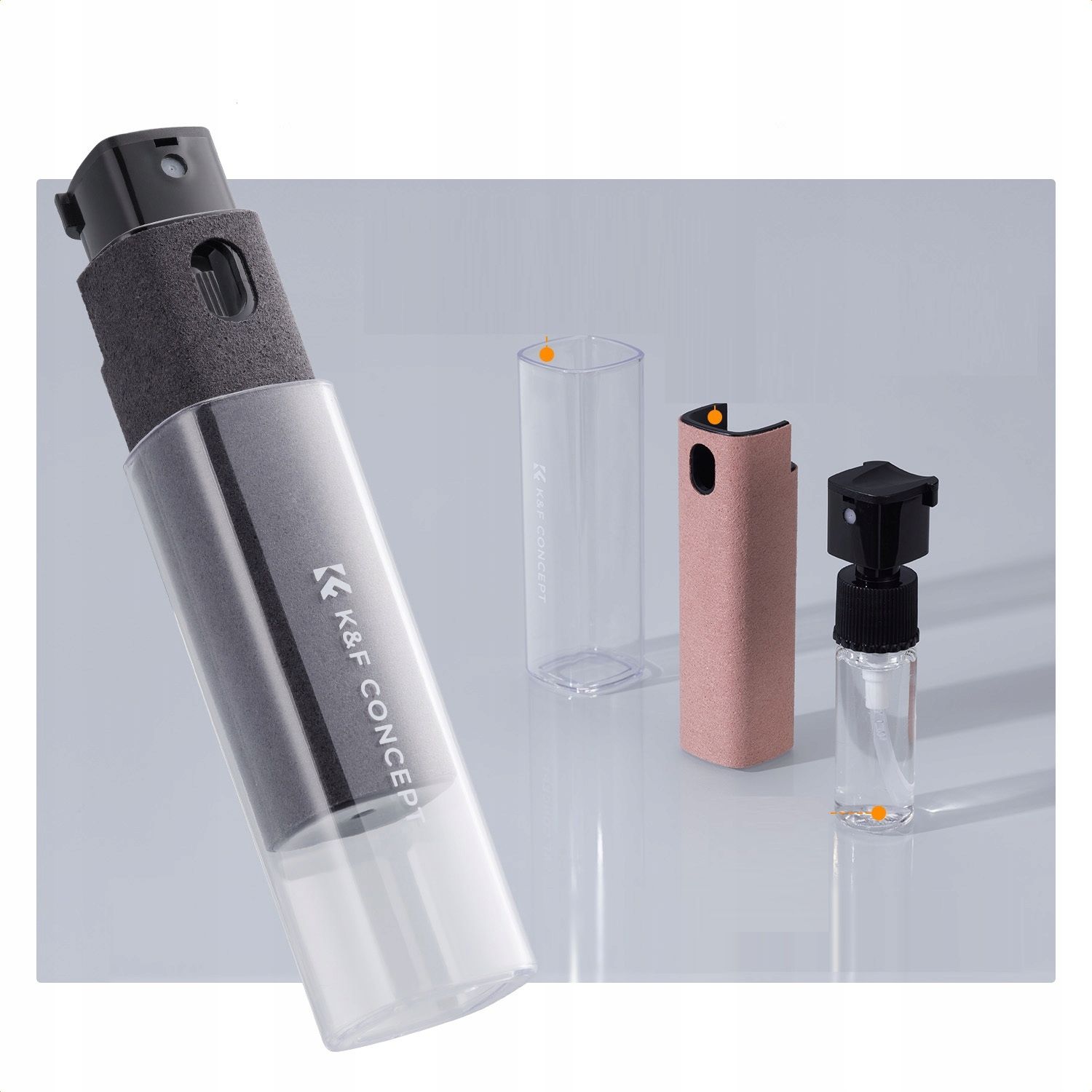 K&F Concept 2 az 1-ben kijelzőtisztító szett (2× 10 ml spray + mikroszálas kendő, fekete/rózsaszín)