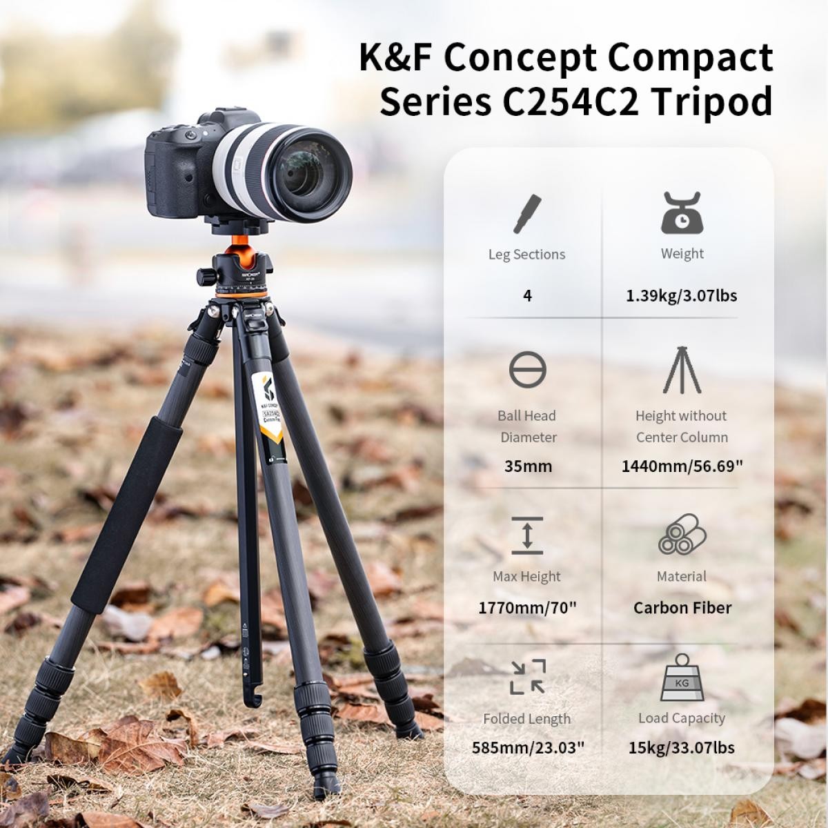 K&F Concept A254C4 + BH-36L karbon utazó fotóállvány (170cm, 15kg teherbírás)