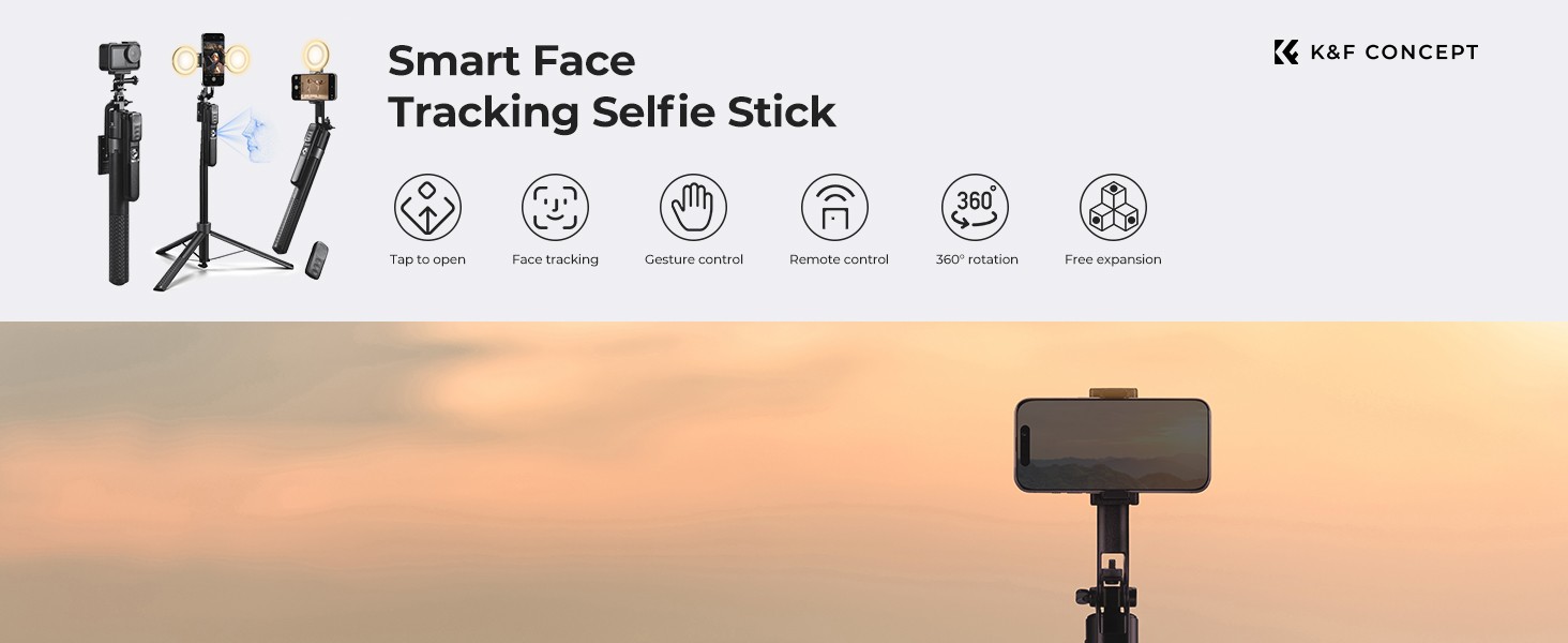 K&F Concept 180cm-es arckövető állvány/selfie bot 2 derítőfénnyel, gesztusvezérléssel